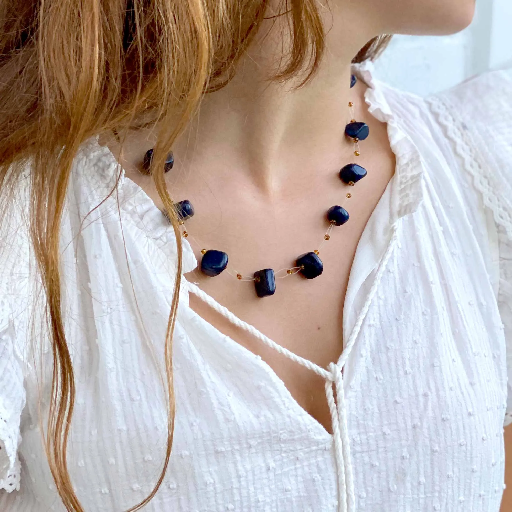 Floating Stone & Maasai Bead Necklace Navy