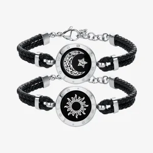 Sun&Moon Touch Bracelets with Braided Leather Rope(Black Black)
